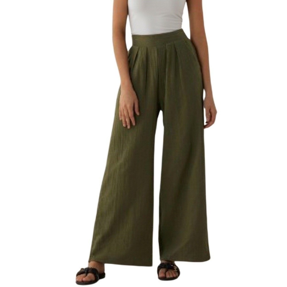 NWT NOFLIK Olive Green 100% Cotton Gauze Wide Leg Boho Pants Relaxed L Coastal - Picture 7 of 7